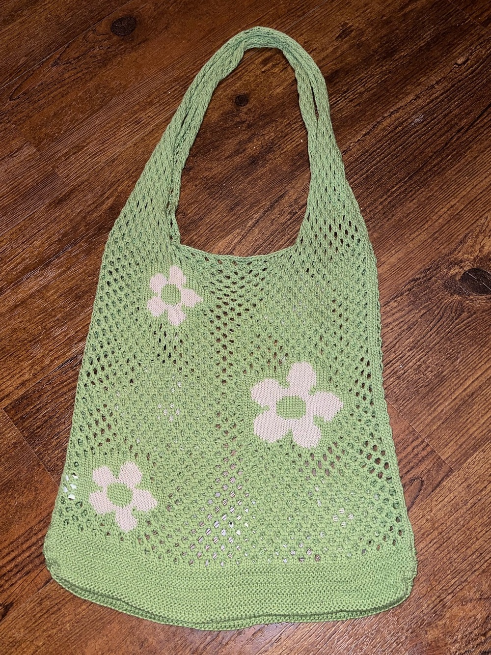 Crochet Green Boho Pink Floral Y2K Hippie Shoulder Tote Bag - Picture 2 of 5